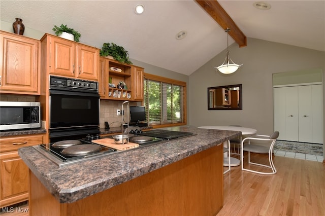 kitchen with hanging light fixtures, backsplash, light wood-type flooring, lofted ceiling with beams, and stainless steel appliances