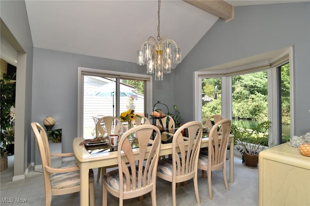 carpeted dining room with vaulted ceiling with beams and a notable chandelier