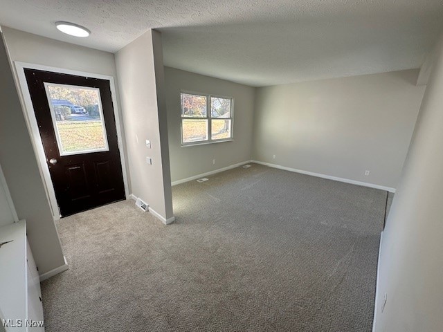 entryway featuring light carpet and a textured ceiling