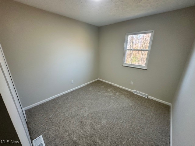 empty room with a textured ceiling and carpet flooring