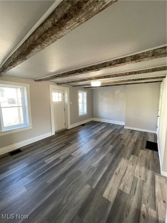 interior space with beam ceiling and dark wood-type flooring