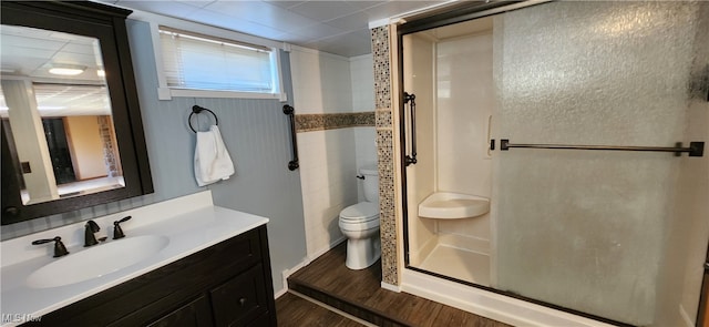 bathroom with toilet, walk in shower, vanity, and wood-type flooring