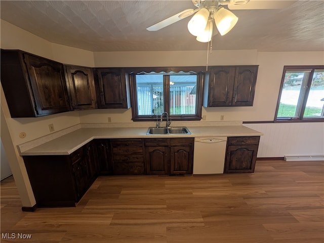 kitchen with dark brown cabinetry, white dishwasher, and sink