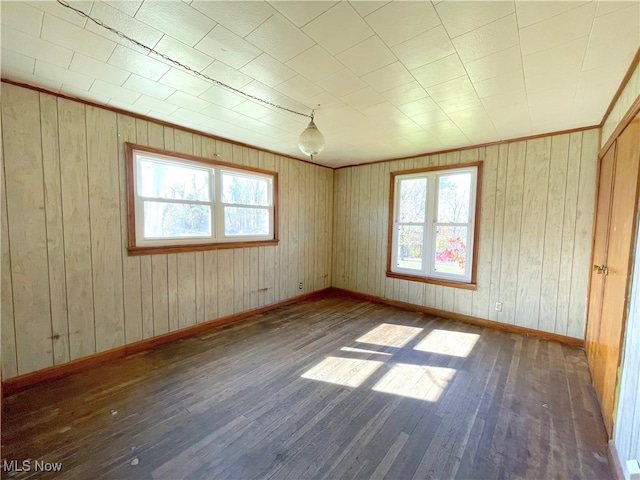 empty room with dark hardwood / wood-style floors and wood walls