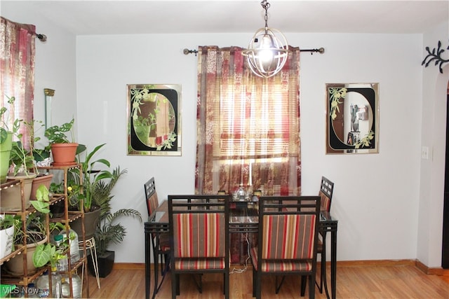 dining room with an inviting chandelier and hardwood / wood-style flooring