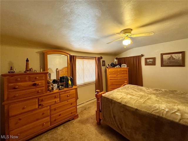 bedroom with light carpet, a textured ceiling, ceiling fan, a baseboard heating unit, and lofted ceiling