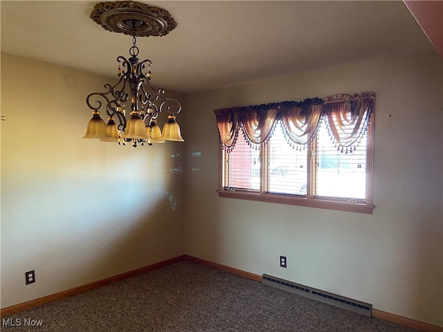 unfurnished dining area with a chandelier, carpet, and a baseboard radiator