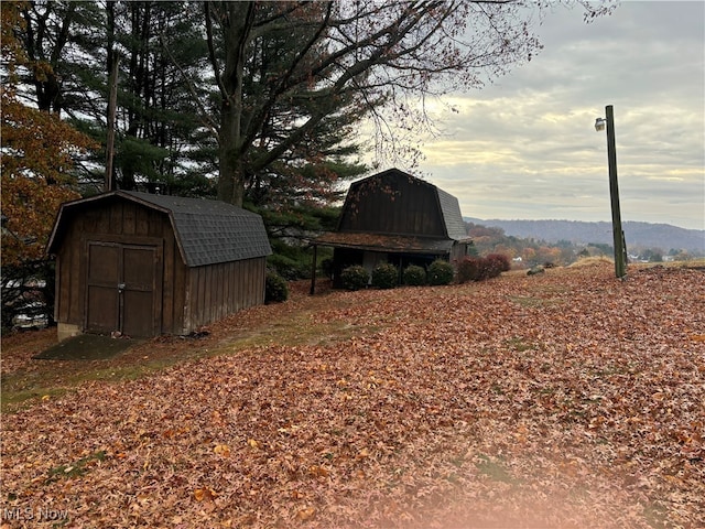 view of yard featuring a mountain view and a storage unit