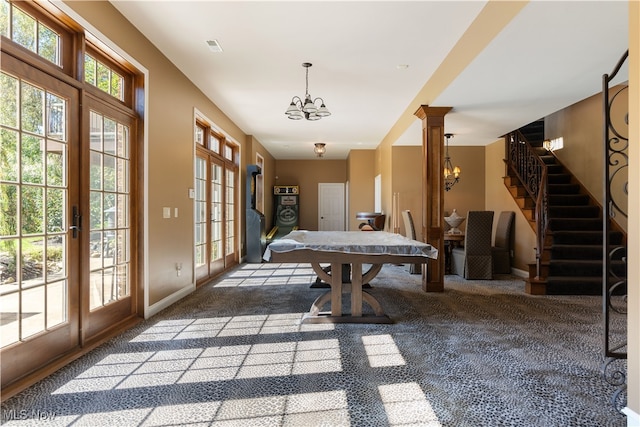 playroom featuring carpet flooring, french doors, decorative columns, a chandelier, and pool table