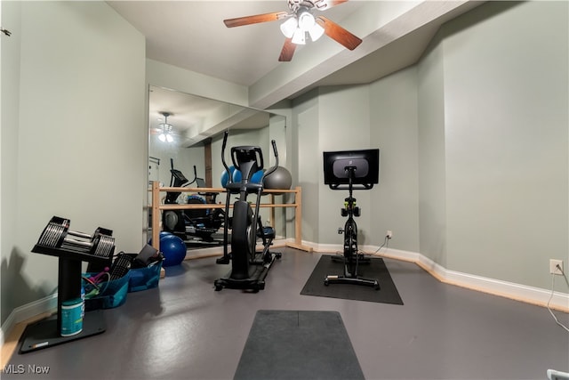 workout area featuring ceiling fan