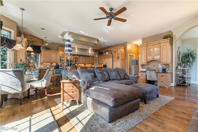 living room with ceiling fan and dark wood-type flooring