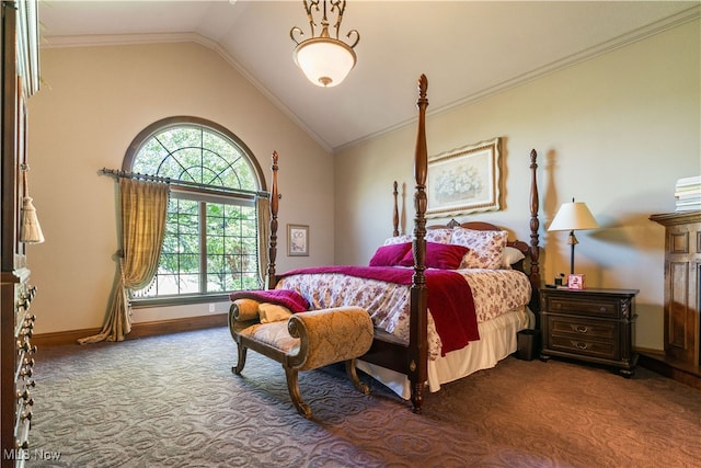 bedroom with carpet, crown molding, and lofted ceiling