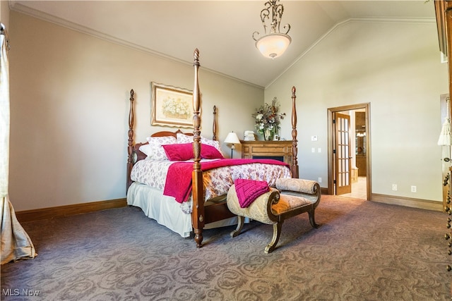 bedroom with dark colored carpet, high vaulted ceiling, and ornamental molding