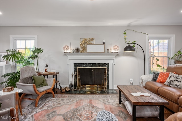 living room featuring a high end fireplace, ornamental molding, hardwood / wood-style flooring, and a healthy amount of sunlight