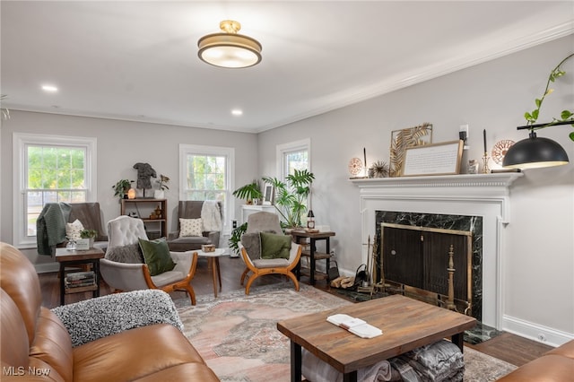 living room with crown molding, a healthy amount of sunlight, hardwood / wood-style flooring, and a fireplace