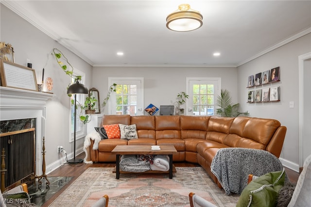 living room featuring crown molding, a wealth of natural light, and hardwood / wood-style floors