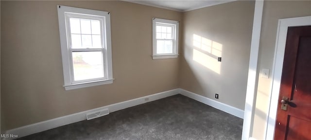 empty room with a wealth of natural light and dark colored carpet