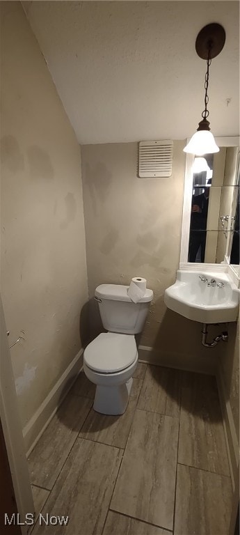 bathroom featuring hardwood / wood-style flooring, toilet, and sink