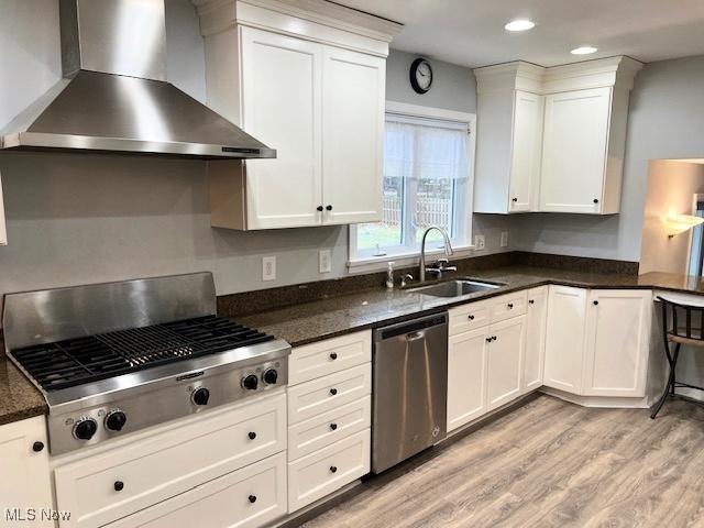 kitchen featuring wall chimney exhaust hood, sink, white cabinetry, and stainless steel appliances