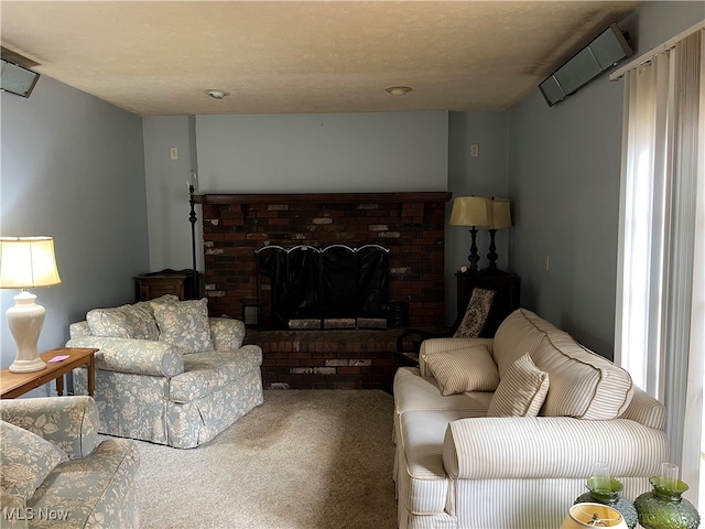 living room featuring a wall mounted AC, carpet floors, and a fireplace