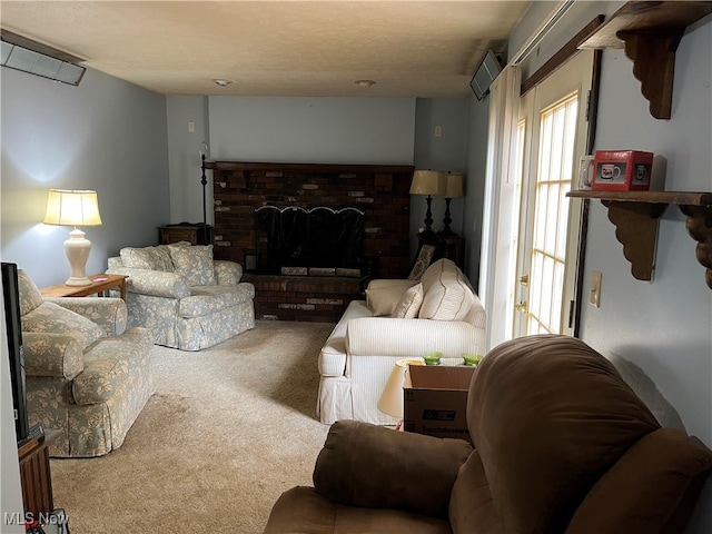 carpeted living room featuring a brick fireplace