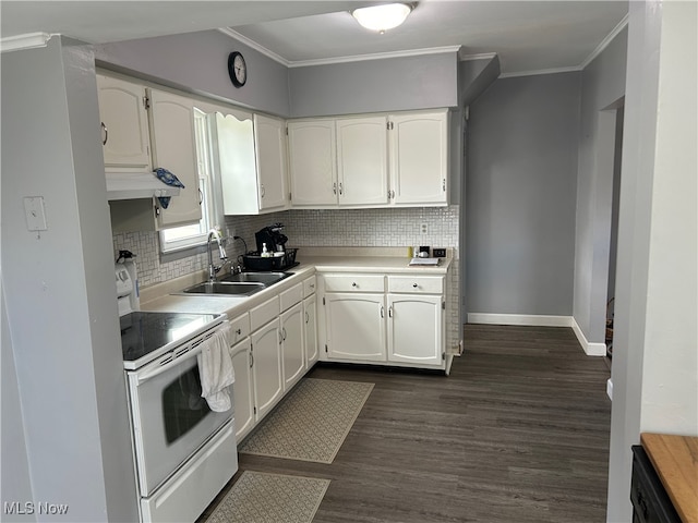 kitchen with white cabinets, sink, dark hardwood / wood-style floors, crown molding, and white range with electric stovetop