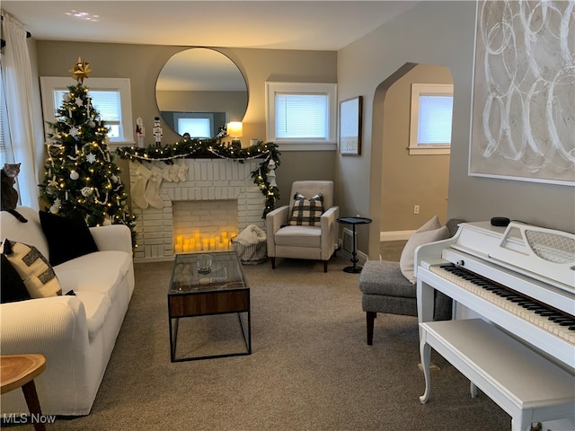 sitting room featuring carpet floors, a fireplace, and a wealth of natural light