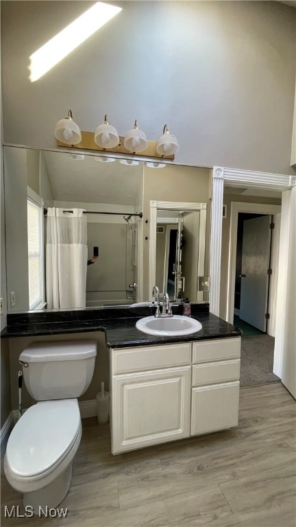 bathroom featuring vanity, wood-type flooring, toilet, and walk in shower