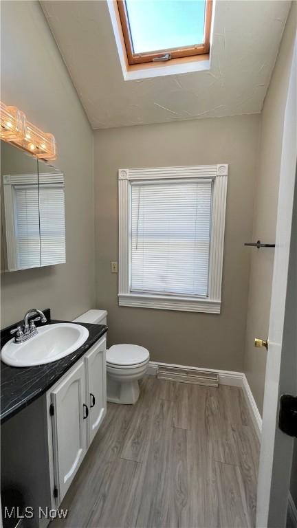 bathroom featuring vanity, toilet, wood-type flooring, and a skylight