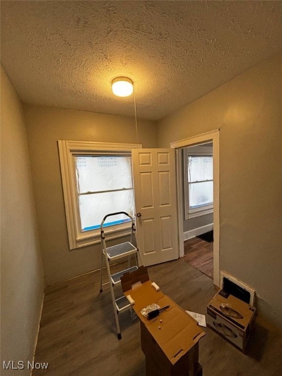 interior space with dark hardwood / wood-style flooring and a textured ceiling