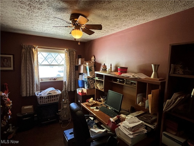 office with a textured ceiling and ceiling fan