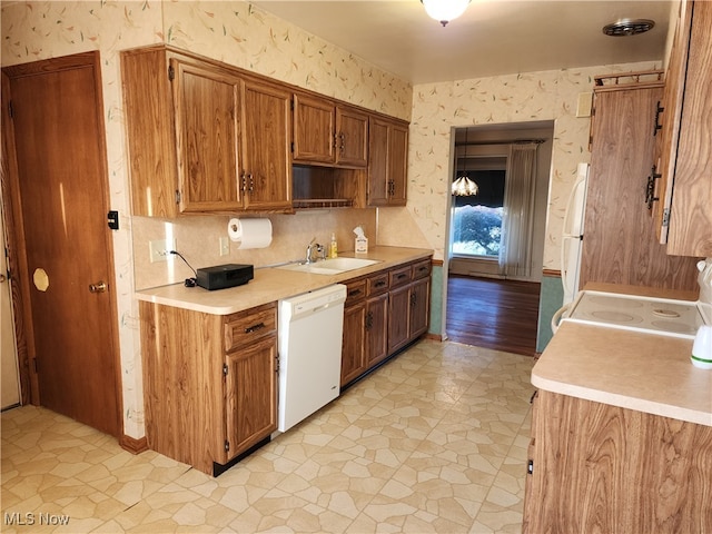 kitchen featuring light hardwood / wood-style floors, sink, and white appliances