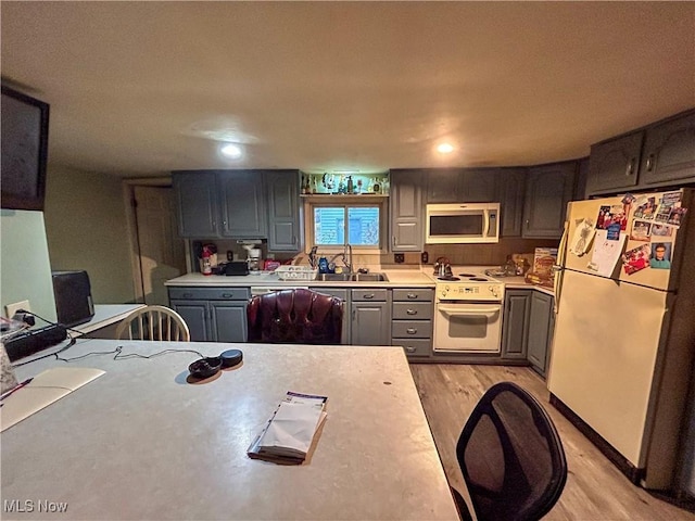 kitchen featuring gray cabinets, sink, white appliances, and light wood-type flooring