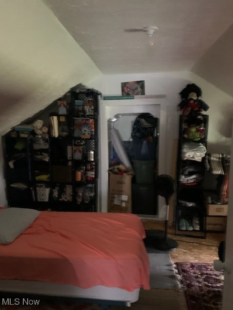 bedroom with lofted ceiling