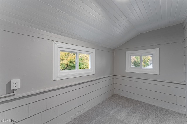 additional living space featuring wooden walls, vaulted ceiling, light carpet, and wooden ceiling