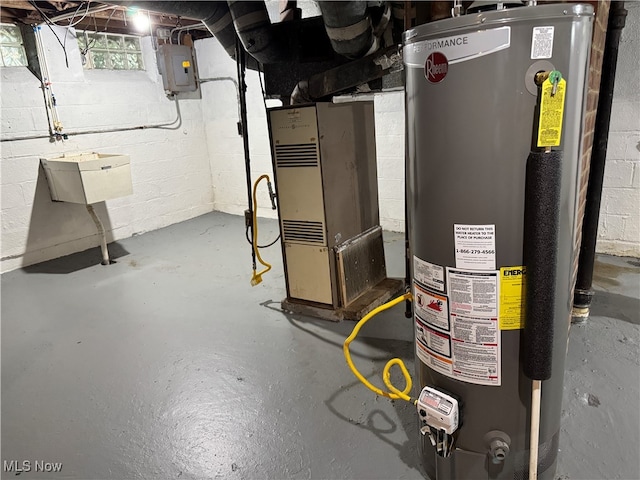 utility room with water heater, electric panel, and heating unit