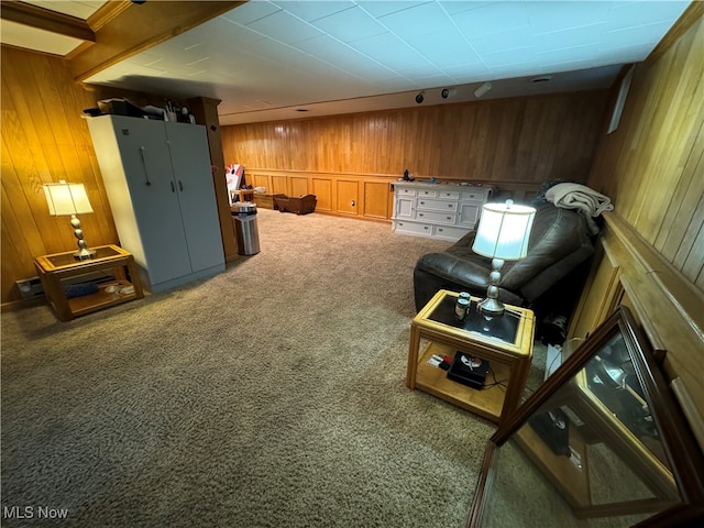 living area featuring carpet flooring and wood walls