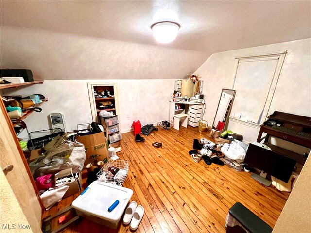 interior space with wood-type flooring and vaulted ceiling