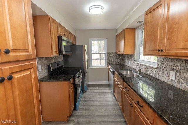 kitchen featuring dark hardwood / wood-style flooring, dark stone counters, decorative backsplash, sink, and appliances with stainless steel finishes