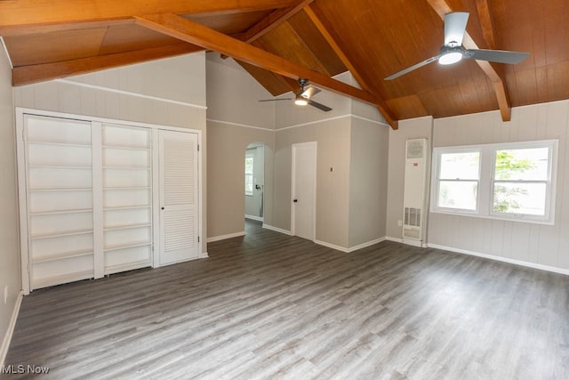 unfurnished living room featuring ceiling fan, hardwood / wood-style floors, wooden ceiling, and vaulted ceiling with beams