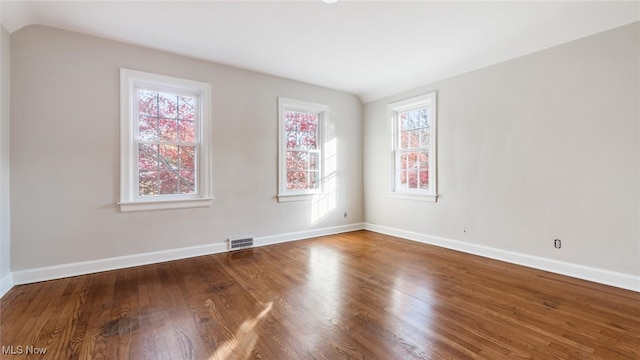 spare room with hardwood / wood-style flooring, a healthy amount of sunlight, and lofted ceiling