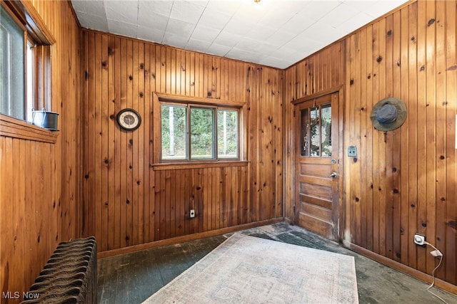 entryway with dark wood-type flooring and wooden walls