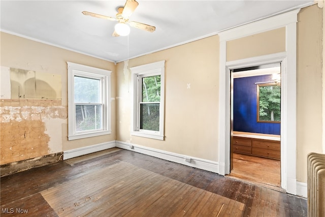 empty room with ceiling fan, dark hardwood / wood-style floors, and crown molding