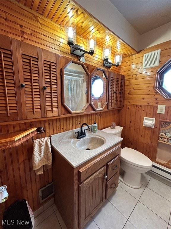 bathroom with vanity, wood walls, wood ceiling, tile patterned flooring, and toilet