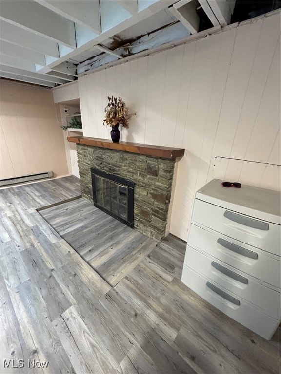 interior details featuring hardwood / wood-style floors, a fireplace, and a baseboard radiator