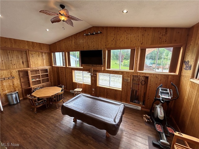 game room with ceiling fan, wooden walls, dark hardwood / wood-style floors, and pool table