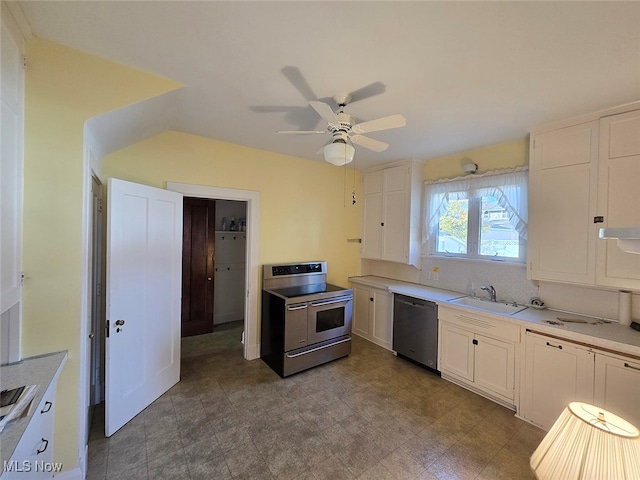 kitchen with ceiling fan, white cabinetry, sink, and appliances with stainless steel finishes