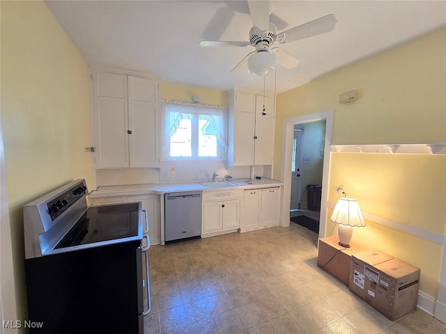 kitchen with sink, ceiling fan, white cabinets, black range with electric cooktop, and dishwasher