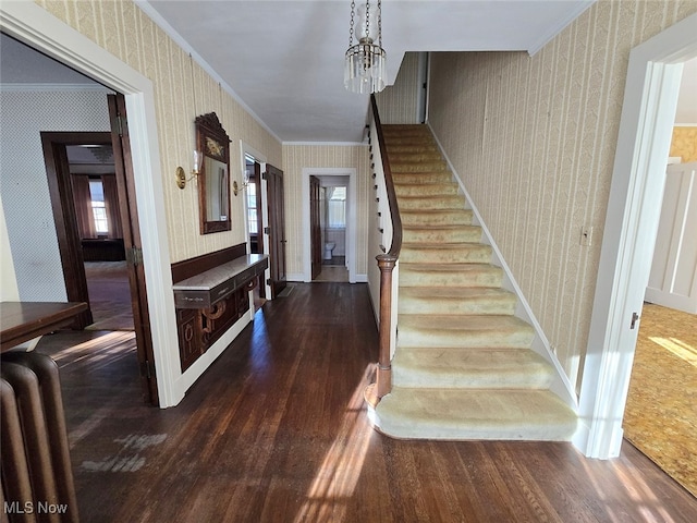 staircase featuring an inviting chandelier, hardwood / wood-style flooring, and ornamental molding