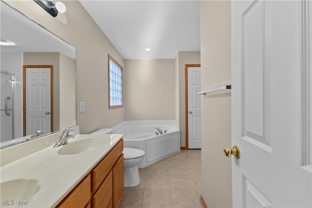 full bathroom with tile patterned floors, vanity, toilet, and shower with separate bathtub